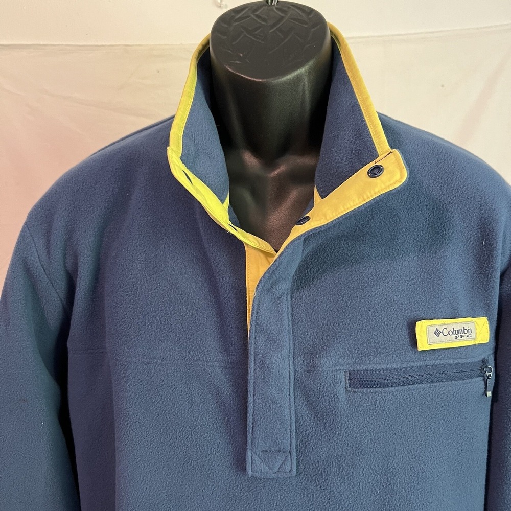 Columbia PFG Mens XL Fleece Pullover Blue Yellow Snap Neck Fishing Sweater